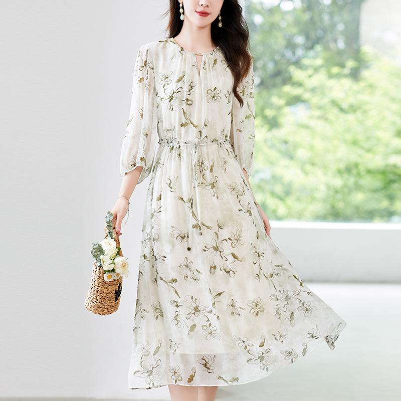 2026 summer new Hangzhou silk mulberry silk dress women's printing casual temperament waist lace-up floral skirt