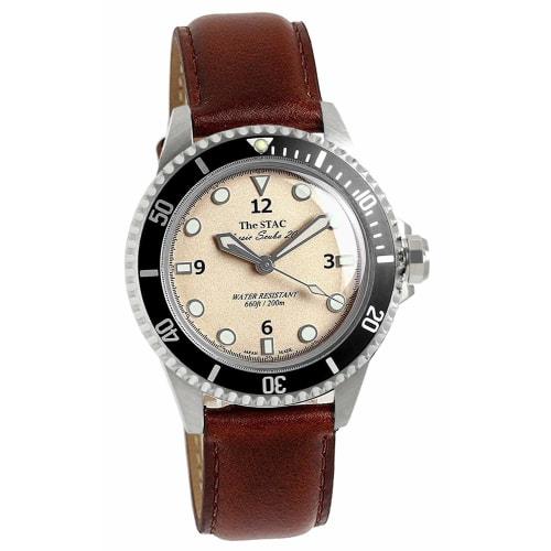 

The STAC Classic Scuba 200, a Japanese-made classic diver s watch with sweep seconds and a leather strap, 38mm, ivory, for men and women.