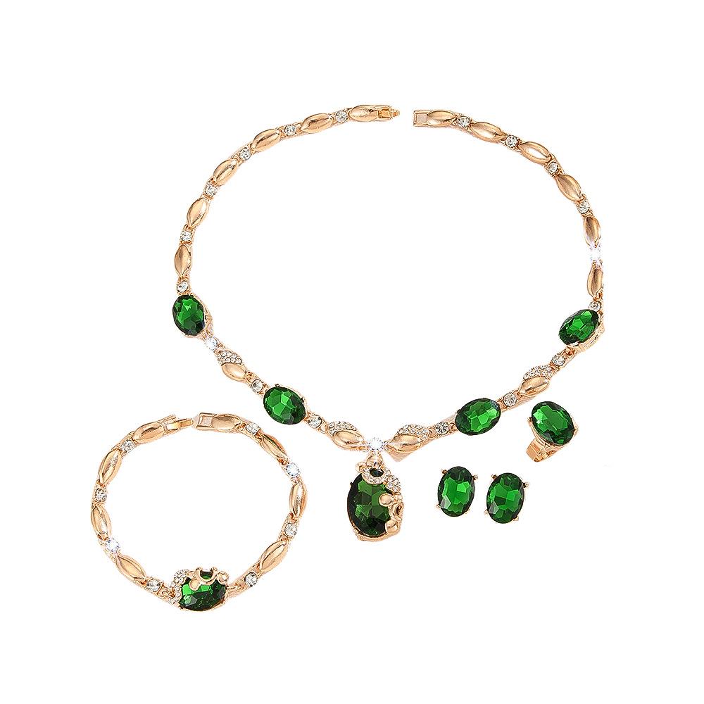 Exaggerated Diamond-set Green Oval Necklace Earrings Ring Bracelet Four-piece Jewelry