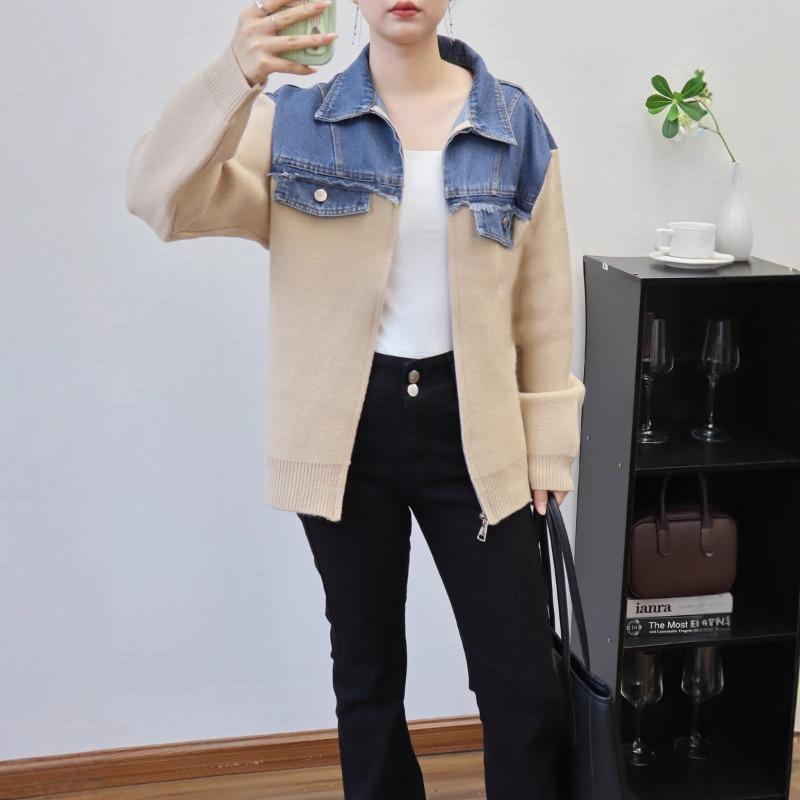 Zipper Splicing Denim Knitted Cardigan Autumn and Winter New Loose Casual Design Sweater Jacket Women