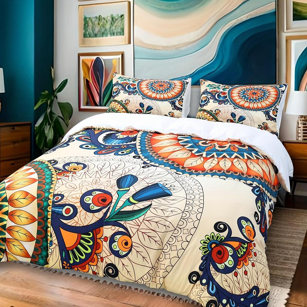 3-Piece Vintage Floral Bohemian Duvet Cover Set - Soft, Indian Mandala Printed Hippie Bedding with 2 Matching Pillowcases