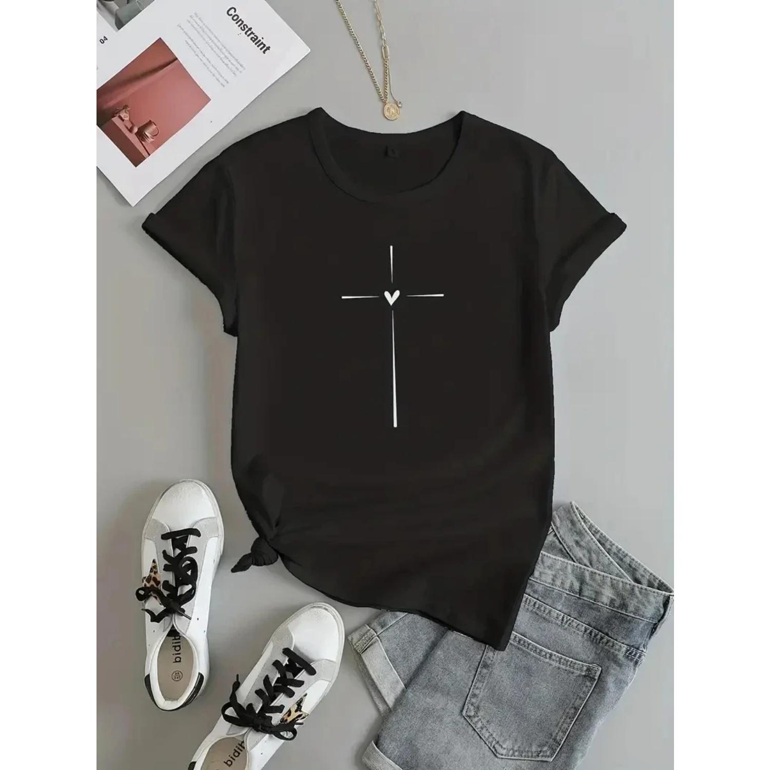 

Cross Graphic Print T-Shirt Short Sleeve Crew Neck Casual Top For Spring & Summer Women s Clothing casual basics O-collar XXXXXL чорний