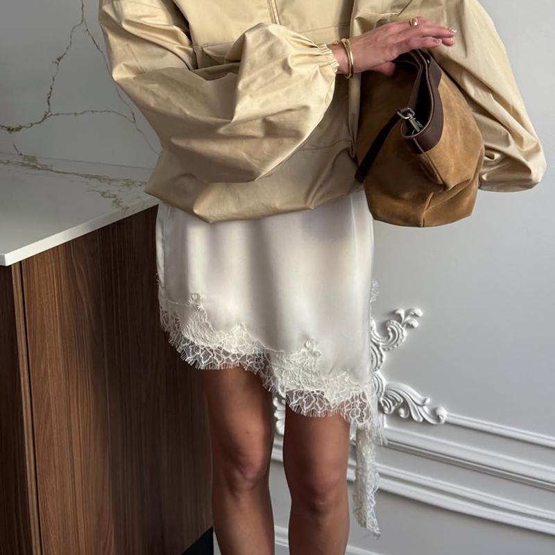 Women Satin Lace Trim Mini Skirts 2026 Summer Elastic Waist Asymmetric Hem Short Skirts Lace Half Slip Skirts Streetwear