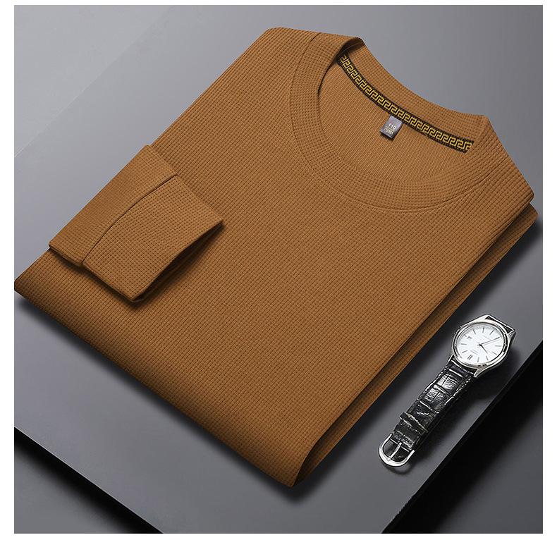Men's Waffle Knit Long-Sleeve Hoodie - Solid Color Versatile Round Neck T-Shirt for Spring and Autumn