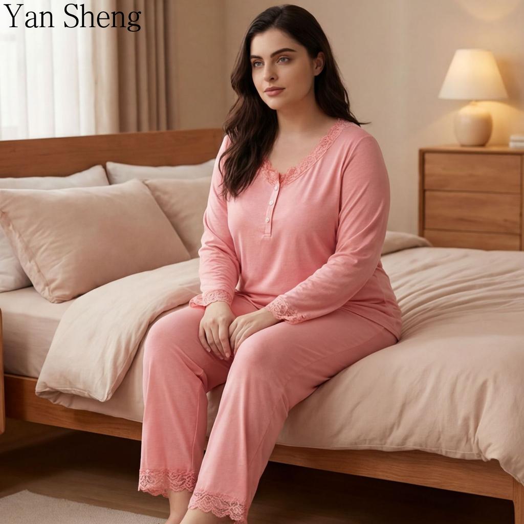 Women Pajama Set Plus Size Round Neck Long Sleeve Long Pants Two‑Piece Breathable Loungewear Home Suit for Spring Autumn Daily Wea