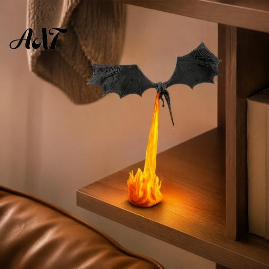 Fantasy Book Nook Dragon Bookshelf Light, 3D Printed Fire-Breathing Flying Dragon, Shelf Accent Lamp Sculpture with LED Flame Gothic Library