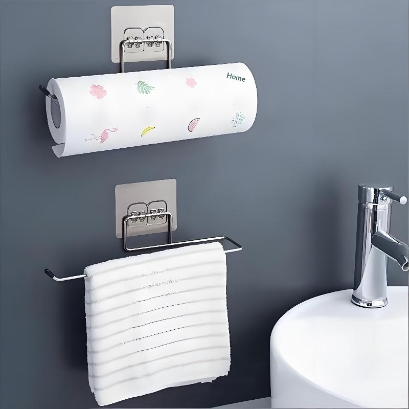 The Kitchen Wall Hanging Paper Towel Rack,Plastic Wrap , Perforation-Free Dish Cloth Stainless Steel Organizer Hooks