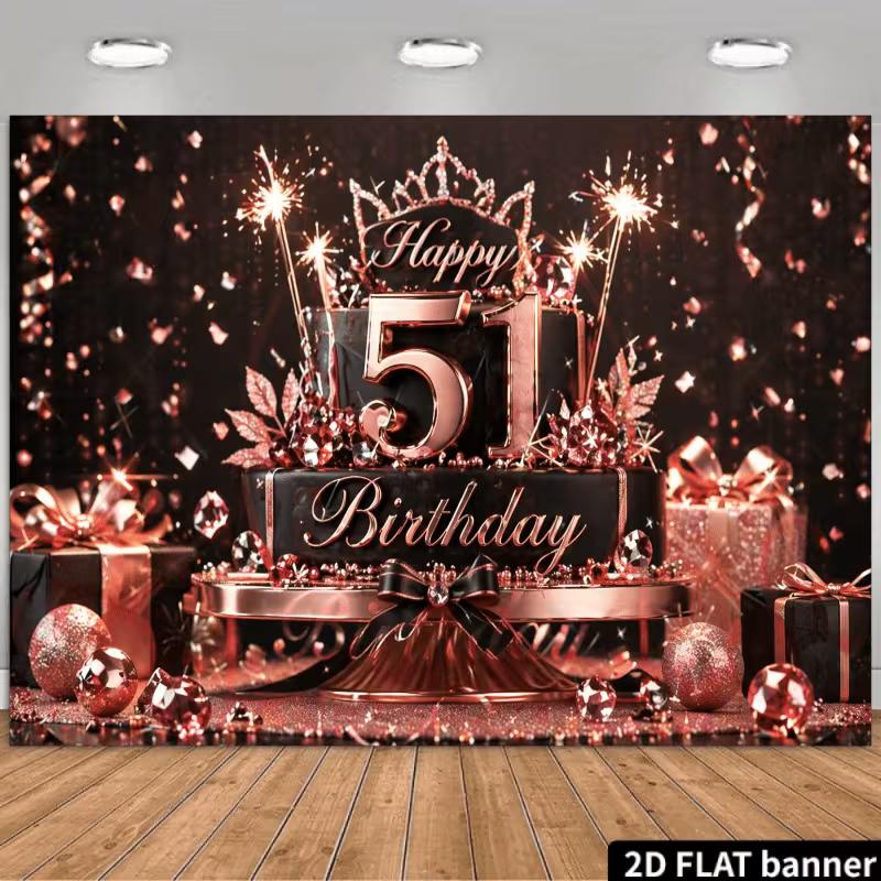 

2D Black Rose Gold 51st Birthday Backdrop with Cake & Sparkles 47.2x31.5inch/120*80cm