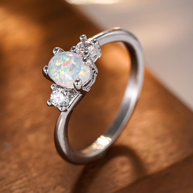 Women Dainty Oval Opal Silver Color Thin Band Delicate Minimalist Engagement Promise Finger Rings Accessories Daily Gift