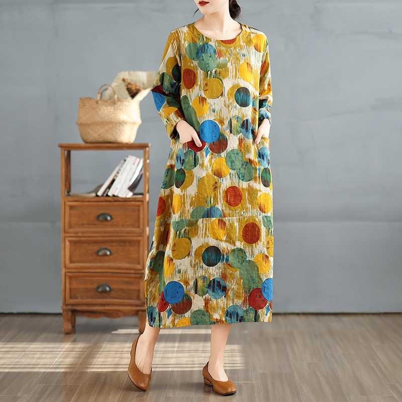 New Vintage Printed Round Neck Long Sleeve Plus Size Long Dresses