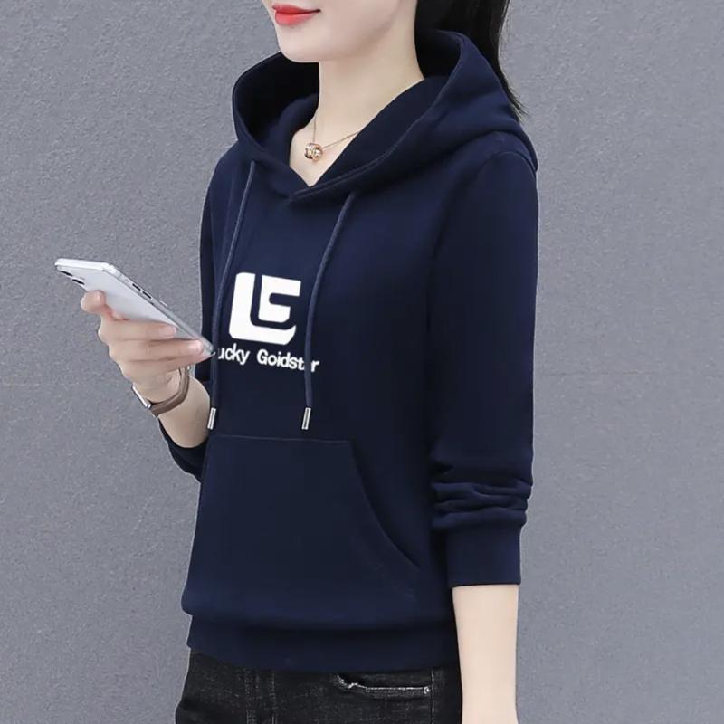 Plus Samt Pullover Damen Herbst und Winter Mode Übergröße Kapuzenpullover Bedruckt Langärmlig Verdickt Damen Bluse