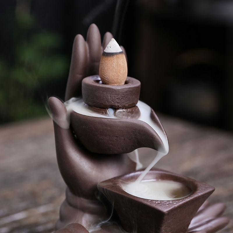 Purple Clay Backflow Incense Burner Creative Stone Mill Buddha Hand Design, Relaxing Aromatherapy Decoration for Home and Office
