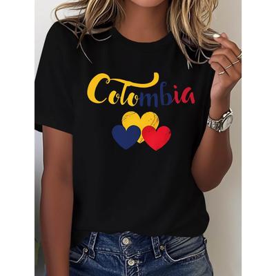 Women's Colombia Flag T-Shirt - Colombian Heart & Text Graphic Tee (Yellow/Red), Casual Short Sleeve Round Neck Top for Travel