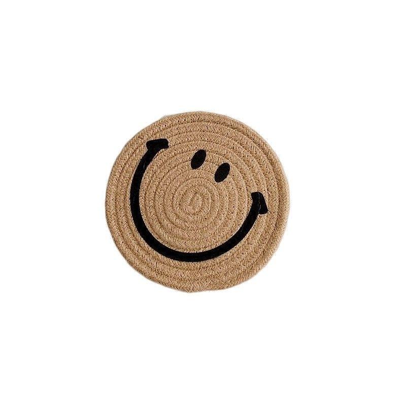 Smiling Face Round Mat Woven Ramie Placemats Anti Slip Dining Table Mats Non-Slip Tableware Bowl Pads Kitchen Drink Cup Coasters