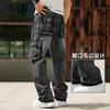 Herren Cargohosen Gewaschen Schwarz Grau Denim Mehrere Taschen Lockere Passform Gerade Beine Hosen