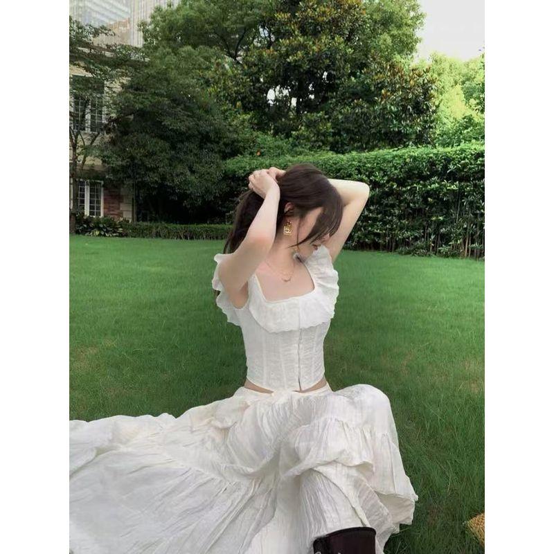 Qingcheng Small White Flower French style Gentle Atmosphere Frill Lace-up Fishbone Waist Slimming All-Matching Small Top Women