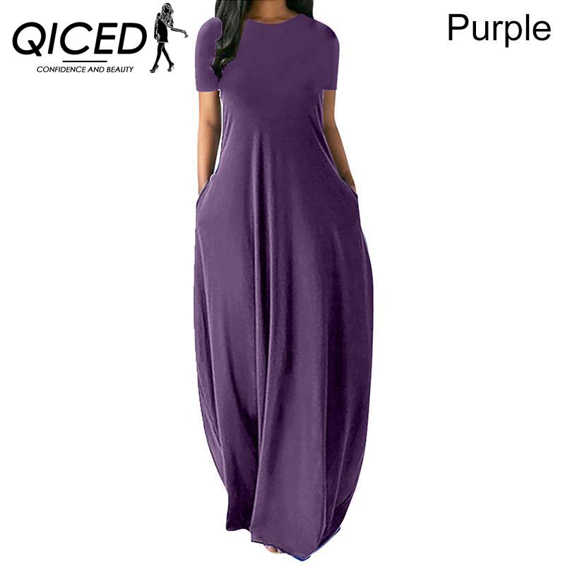 

QICED Женское повседневное свободное длинное платье с круглым вырезом и коротким рукавом, летнее пляжное платье, элегантное вечернее платье S фиолетовый