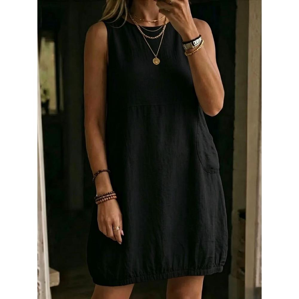 Women's Round Neck Sleeveless Side Pocket Solid Linen Loose Fit Casual Midi Dress