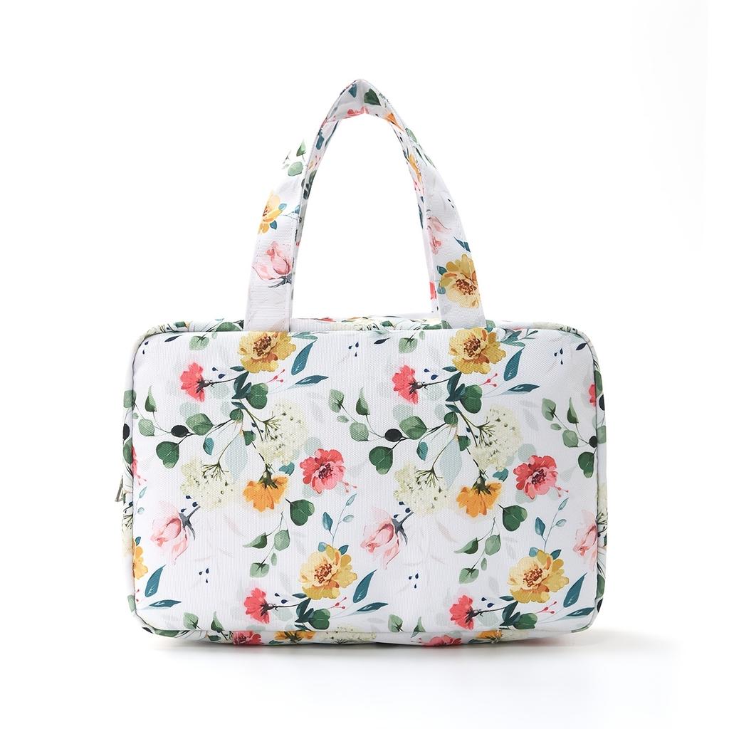 1Pc New Flower Patterned Four Fold Toiletry Bag with Hooks,Portable Travel and Wash Area Storage,Dry-wet Separation