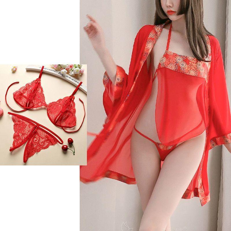 Sexy Open underwear women's court nightgown Chinese demeanor ancient large size perspective suit sexy taste temptation belly pocket