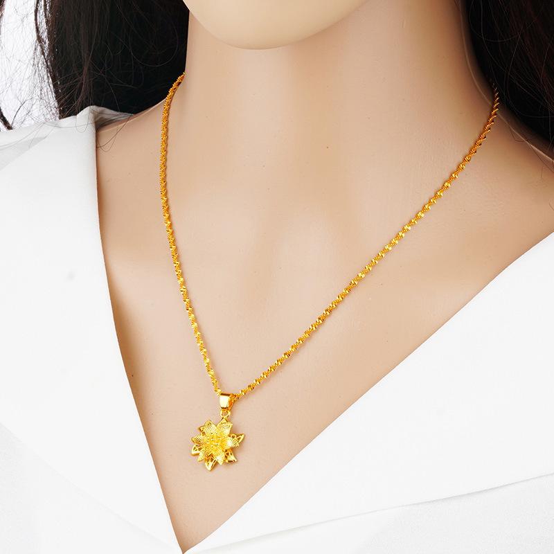 Gold-Plated Brass Lily Pendant Necklace with Vietnamese Sand Gold Water Wave Design