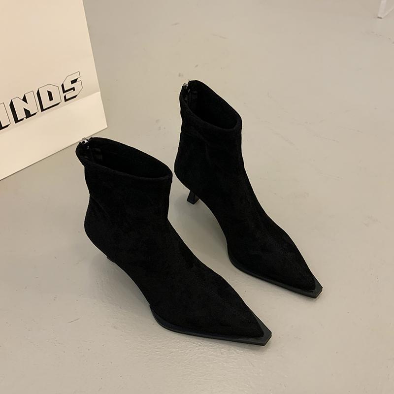 Zamszowe Szpiczaste Damskie Botki Jesień Zima Eleganckie Damskie Wysokie Obcasy Krótkie Botas De Mujer