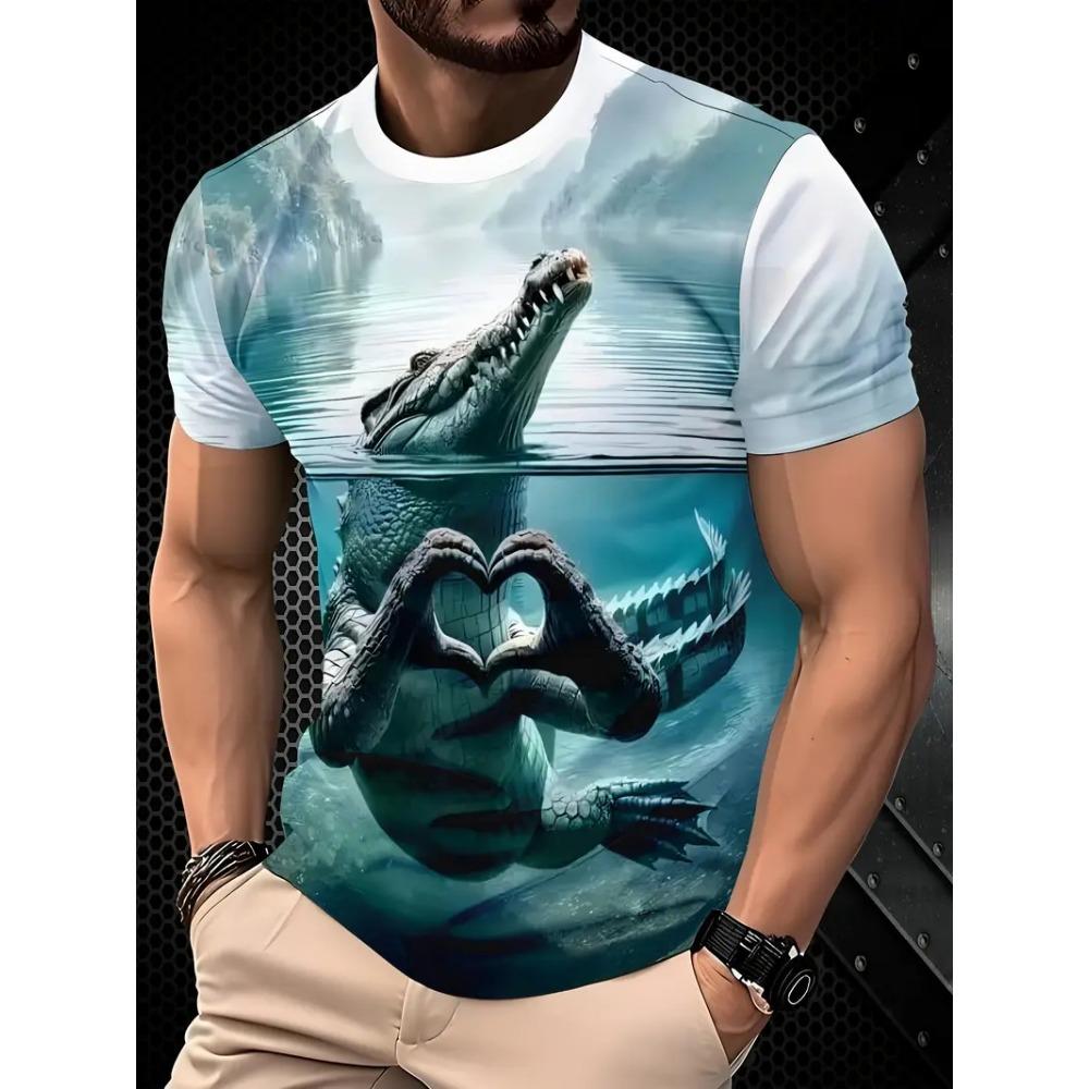Herren Neues T-Shirt mit Krokodilmuster, Sommer-Mode 3D-gedruckt, lässig, kurzärmlig, lockeres Oberteil im Harajuku-Stil