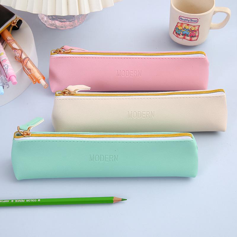 PU Leather Solid Color Pencil Case - School Supplies Stationery Bag