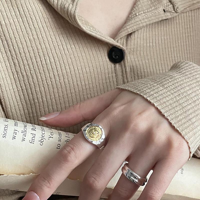 Stylish Adjustable Geometric Ring For Women Featuring Unique Coin Design And Two-tone Colors