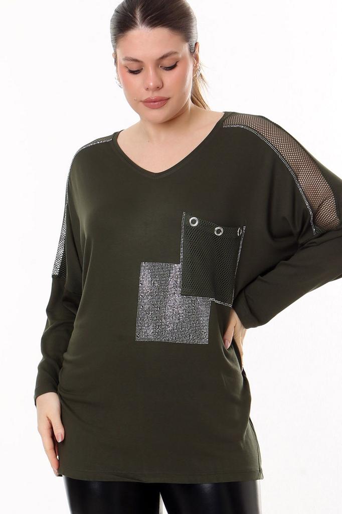 Damen-Bluse in großen Größen, V-Ausschnitt, Tasche und Ärmel, Mesh-Detail, Steinstickerei, lange Ärmel, bequeme und fließende, flexible Bluse