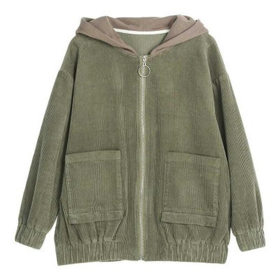 2024 Autumn Women's Plus Size Hooded Corduroy Jacket - Korean Style