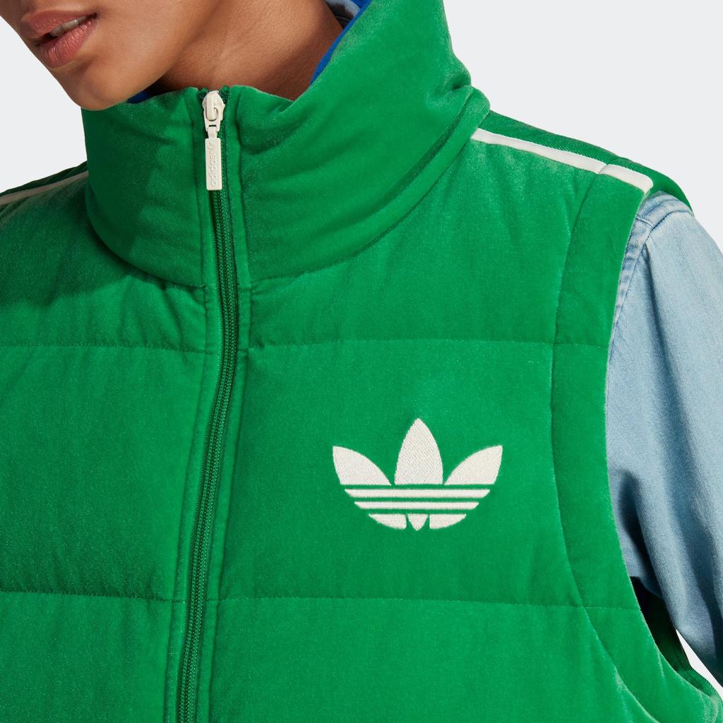 adidas Originals FW22 Velvet Vest Solid Logo Print Zipper Down Vest Women Vests Green IB2029