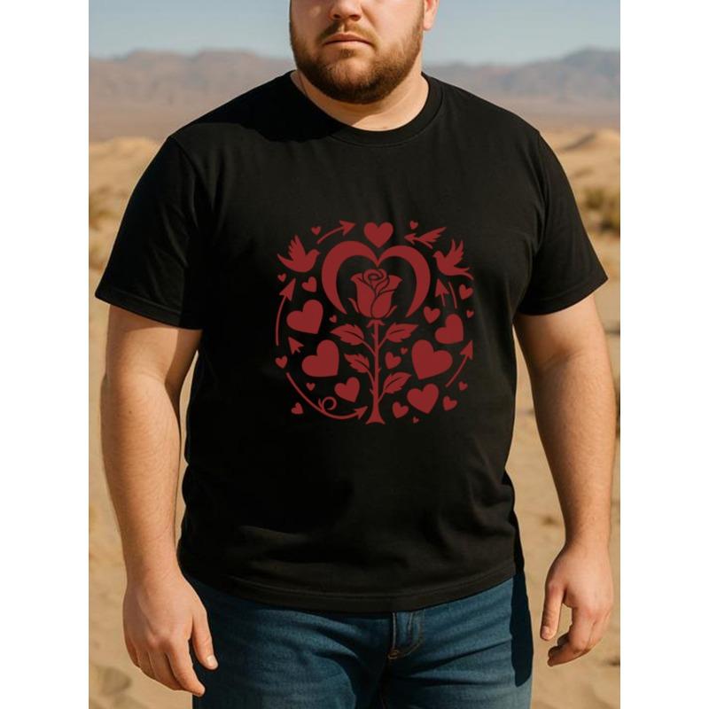 

European Size Men S Short-Sleeved Shirt with a Blossoming Heart Rose Print for Valentine S Day, Designed for Regular Sweat Absorption Quick Drying 4XL чорний