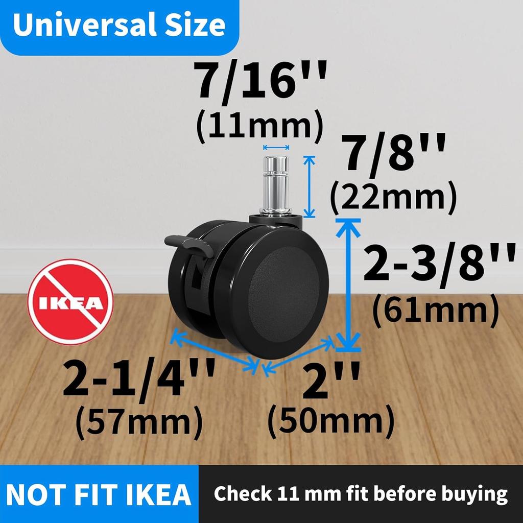MySit Office Chair or Stool Caster Wheels with Brake 11x22mm Replacement Heavy Duty Easy tallation Universal Fit Mute PU Casters for Hardwood Floors