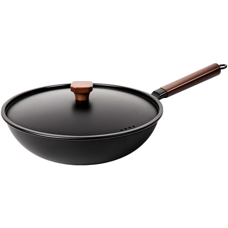 

ZISIZ 28cm Flat-Bottom Iron Wok with Lid