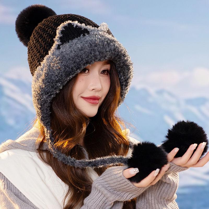Hat Female autumn and winter ear protection Wool hat Cycling cold mother hat Plush thick ear protection hat