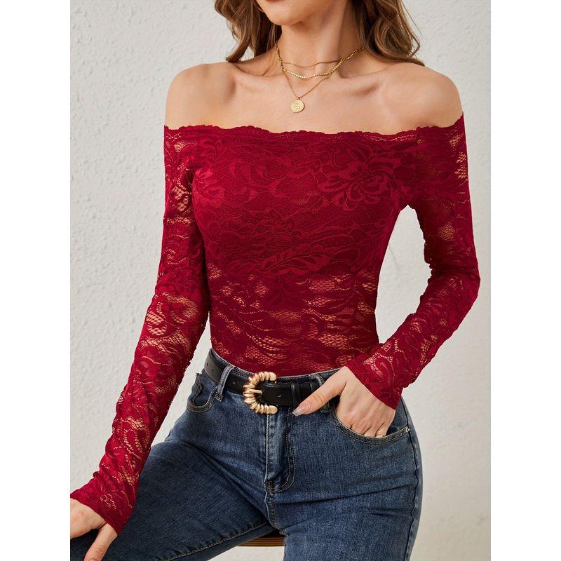 

One Collar Lace Slim Fit Long Sleeved Top off-Neck Lace Long sleeve Top Burgundy L