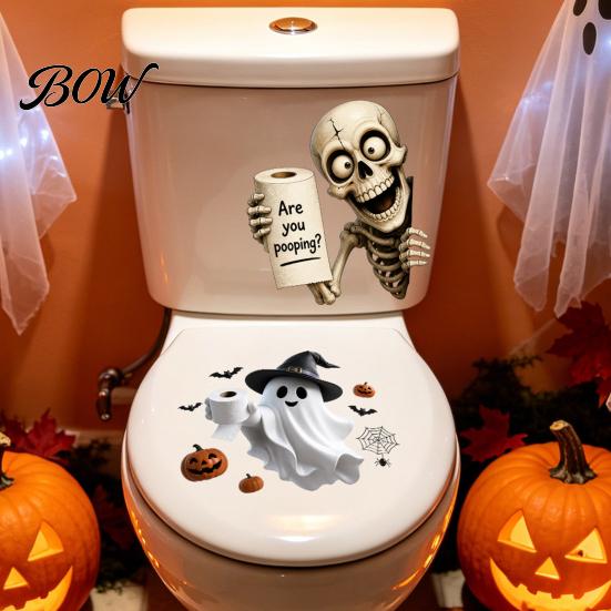 Waterproof Halloween Wall Stickers Toilet Sticker, Ghost And Skeleton Print Decals, PVC Easy Bathroom Decals Peel Stick Spooky Stickers, for