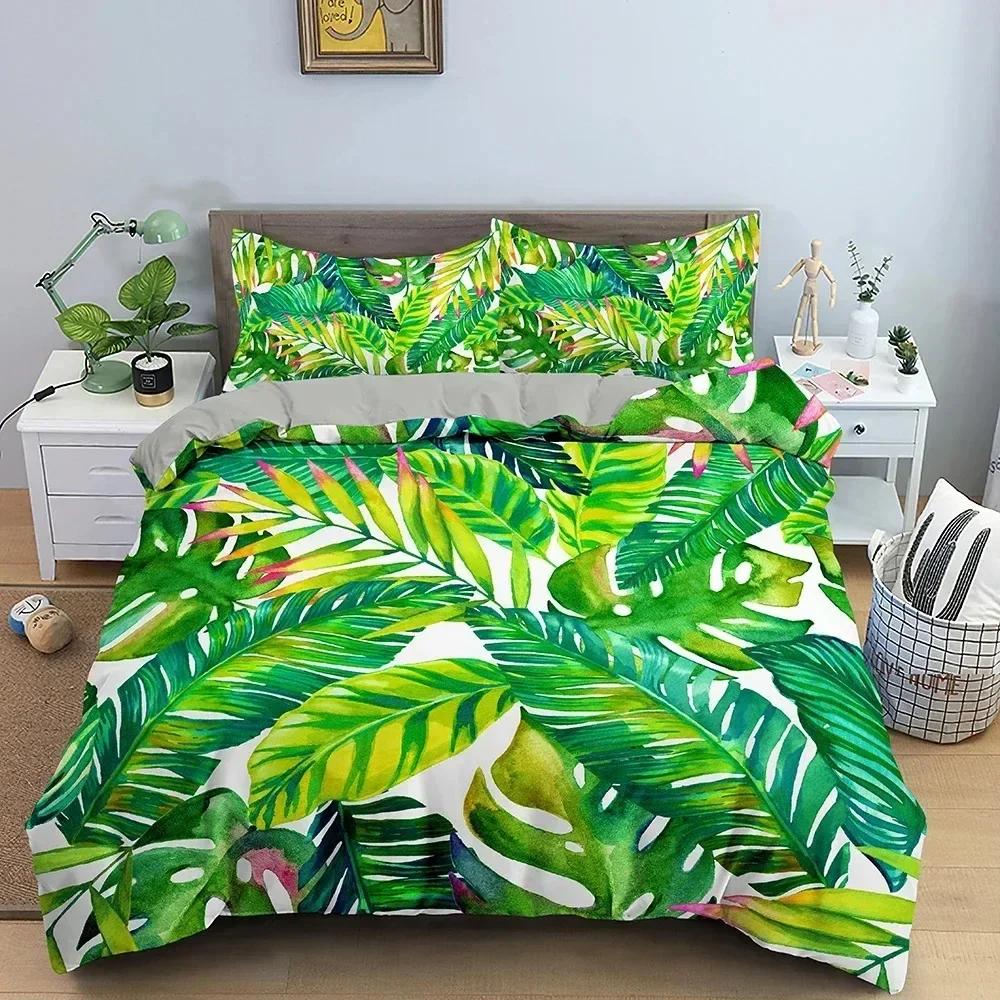 

Tropical Plant Bedding Set Green Leaves Duvet Cover With Zipper Closure Comforter Cover Queen King Full Polyester Quilt Cover 70x133cm 2pcs
