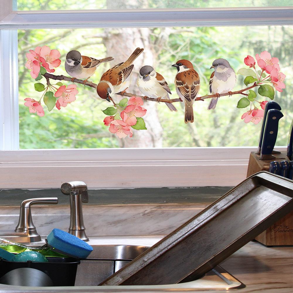 Static Cling Sparrow Flower Branch Window Sticker for Bedroom Entryway Home Decor