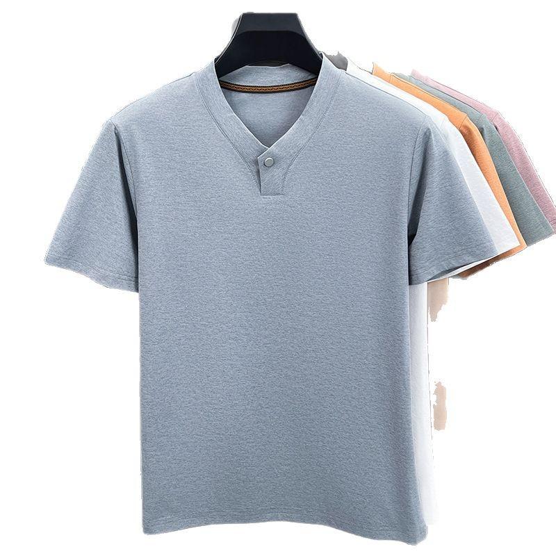 Spring and Summer Men's T-Shirt Premium Sense Short Sleeve V-Neck Casual Solid Color Top Bottom Shirt