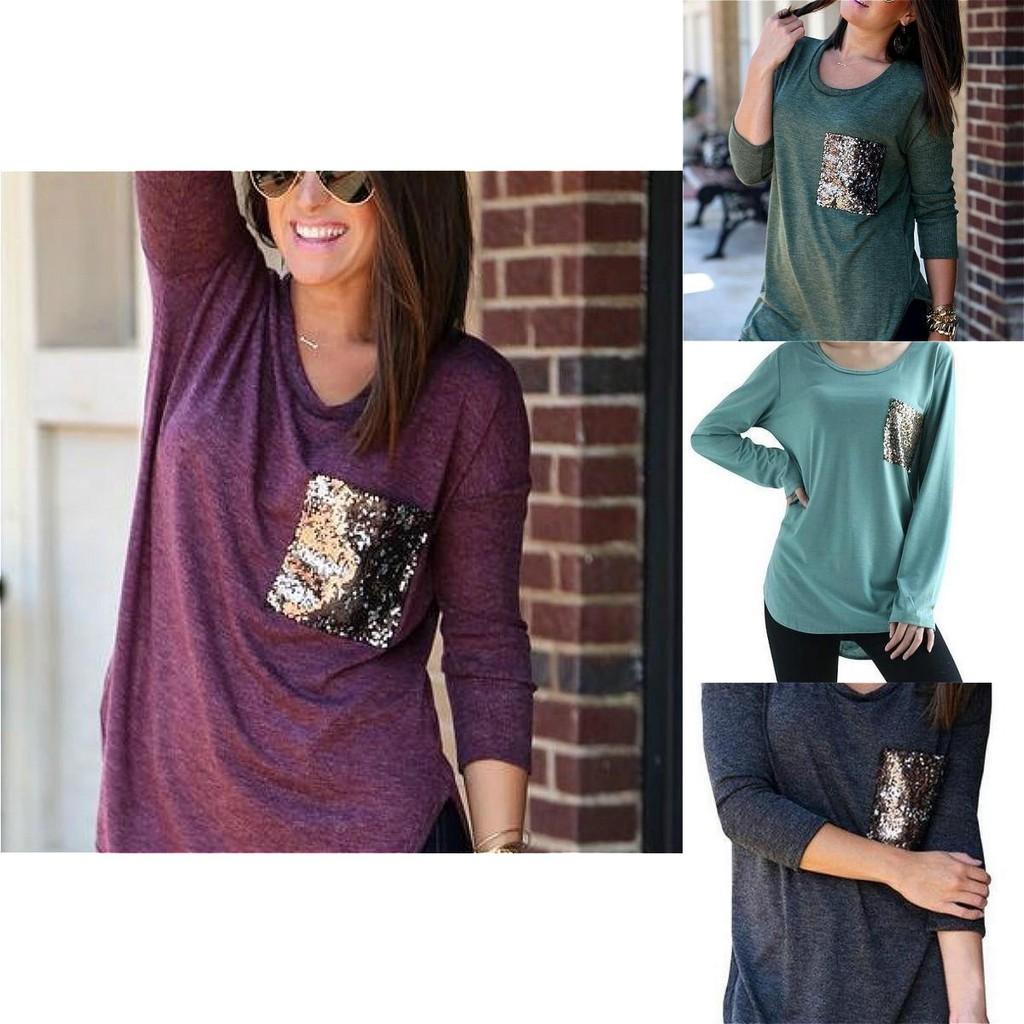 Long Sleeved Tshirt Long Sleeve Blouse Tshirt Pocket Jacket Sequin Glitter