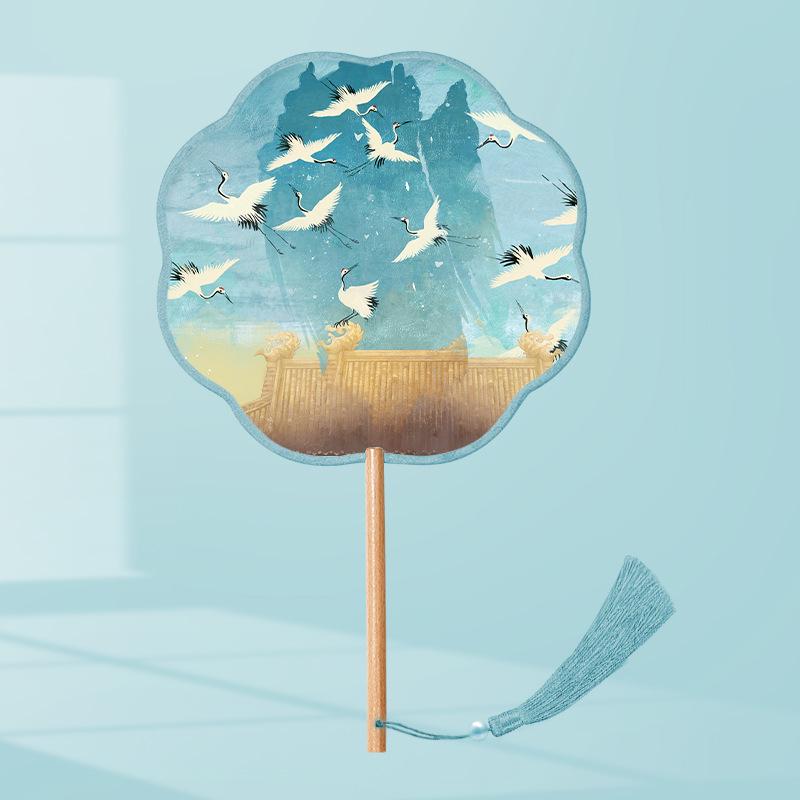 Girls' Summer Hanfu Dance Fan: Long Handle, Double-Sided Embroidered Round Fan for Traditional Costume