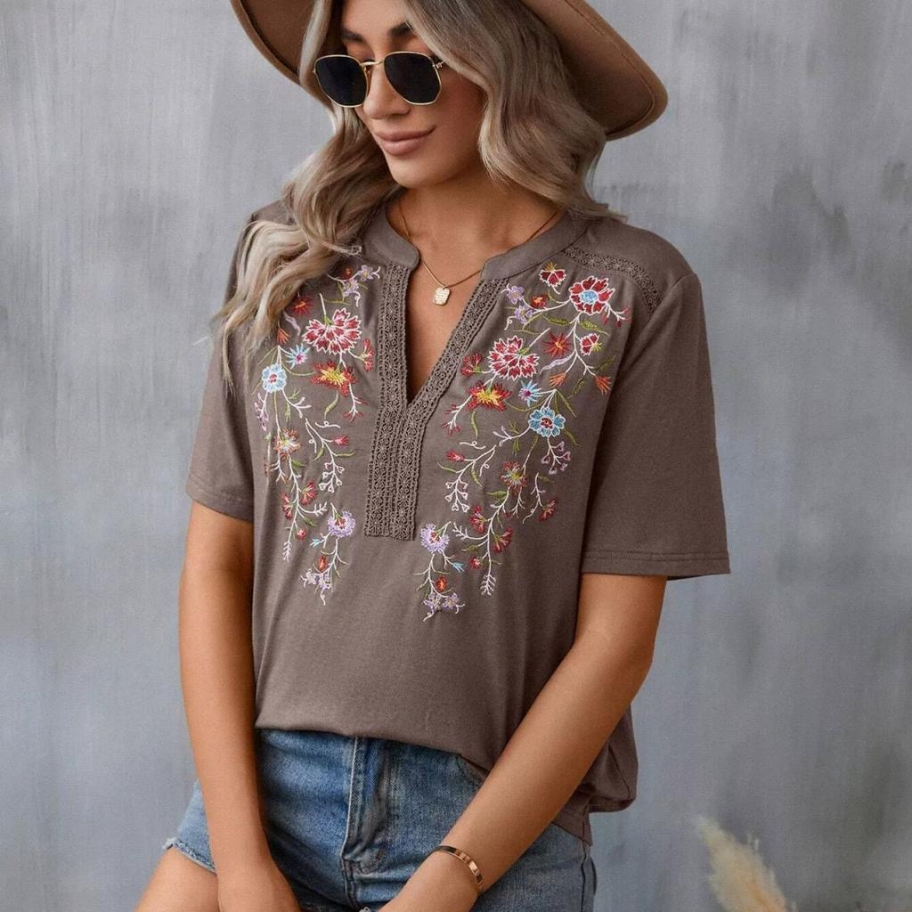 Summer V-neck T-shirt Fashion Embroidery Stitching Lace Blouse Women