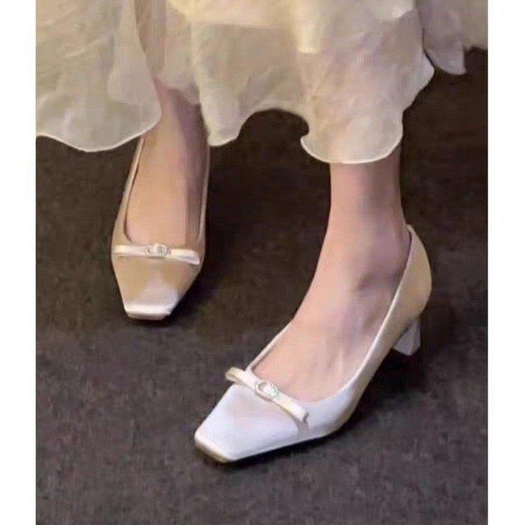 Square head thick heel high heels light mouth single shoes 2026 bow temperament shoes one pedal wedding shoes