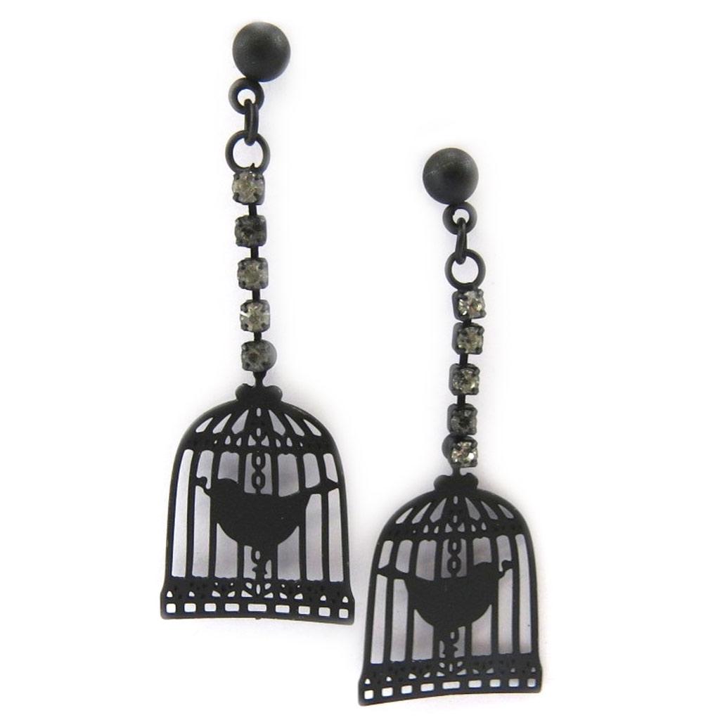 Les Trésors De Lily [L5629] - Black 'Carmen' Earrings (caged Bird)