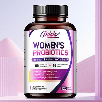 Women's Probiotic Capsules Containing a Blend of Prebiotics and Cranberries Support Digestive Health, Suitable for Adults, and Vegan.