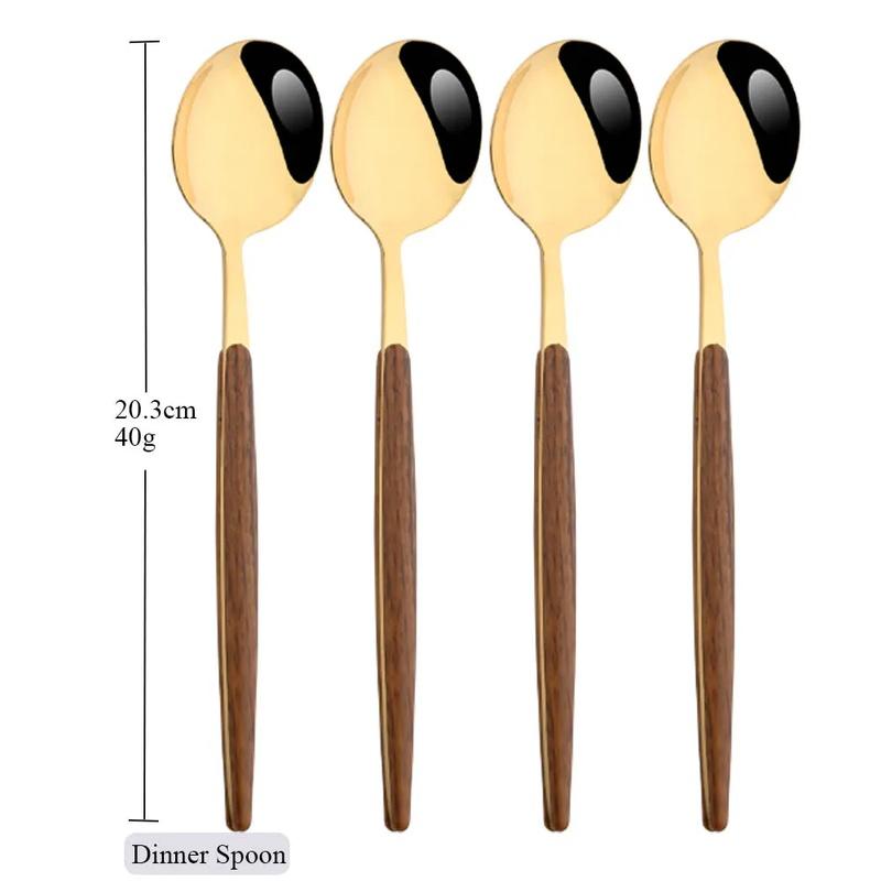 Brown Gold Stainless Steel Dinnerware Set with Imitation Wooden Handle - 4/16 Piece Cutlery Set including Knife, Spoon, Fork