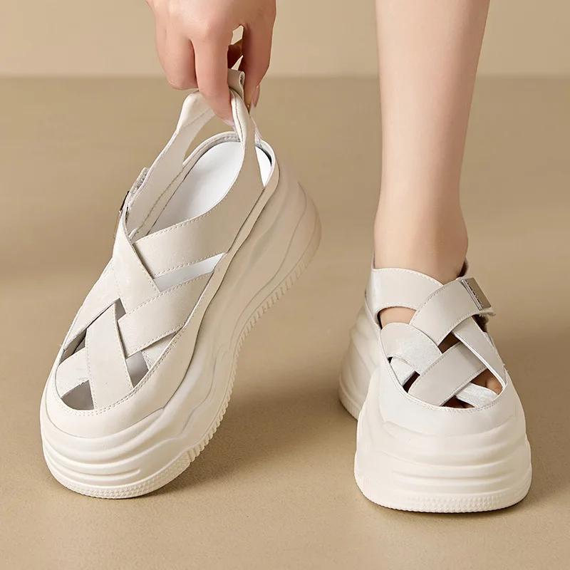 7cm Flat Women Slippers Pumps Platform Wedge Hook Cow Weave Genuine Synthetic Leather Sandals  Summer Hollow Fashion Shoe