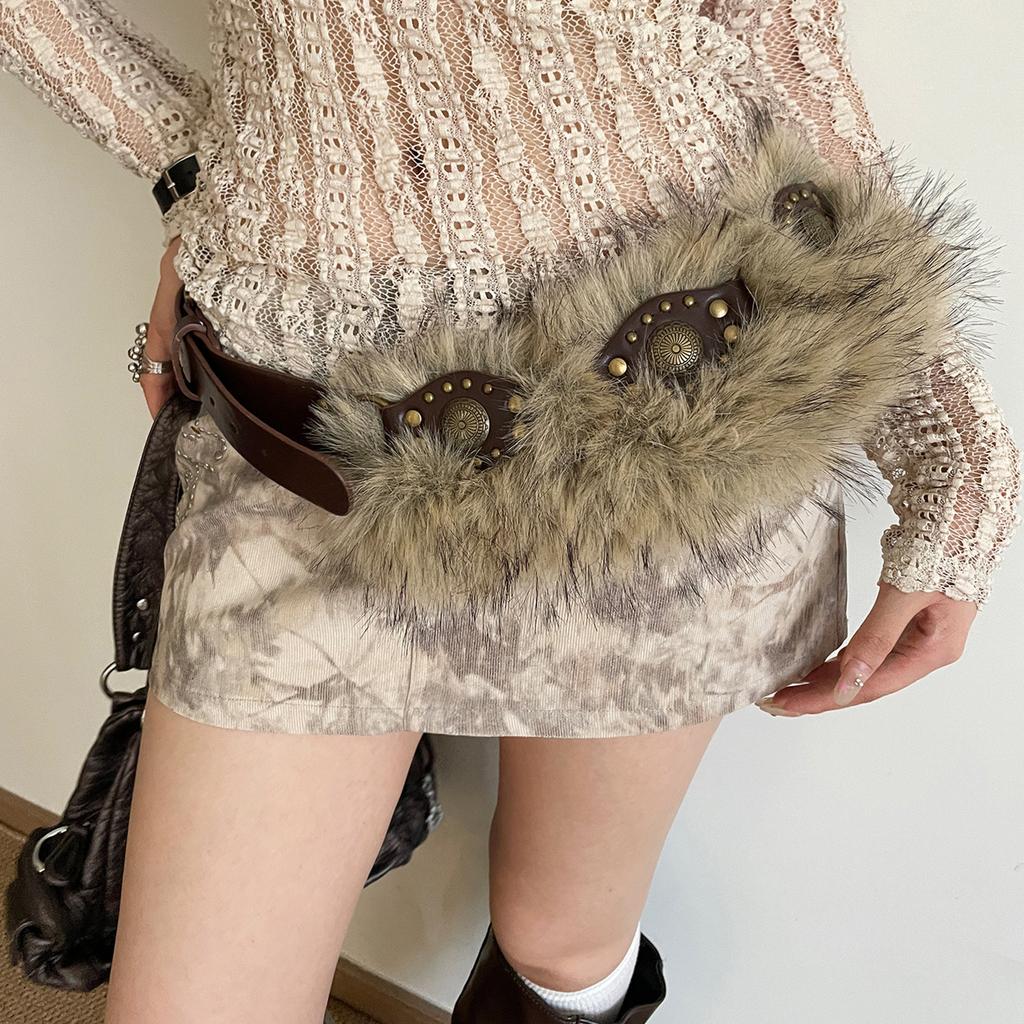 Vintage Western Style Brown Rivet Belt Female Niche Design Flower Waist Rope with Skirt Jeans Waist Seal Accessories